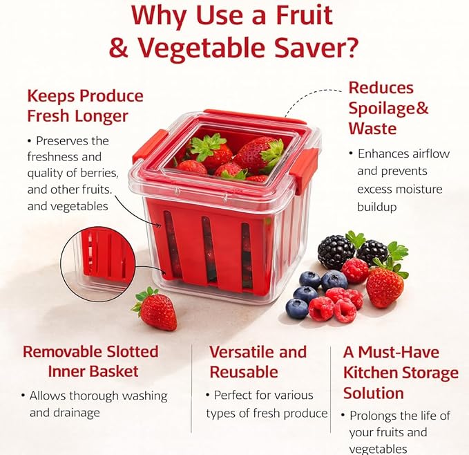 Home & Style Produce Storage Container with Colander – Rinse, Drain & Keep Fruits Fresh – BPA-Free Fridge Fruit Saver with Lid – Ideal for Strawberries, Blueberries & Vegetables