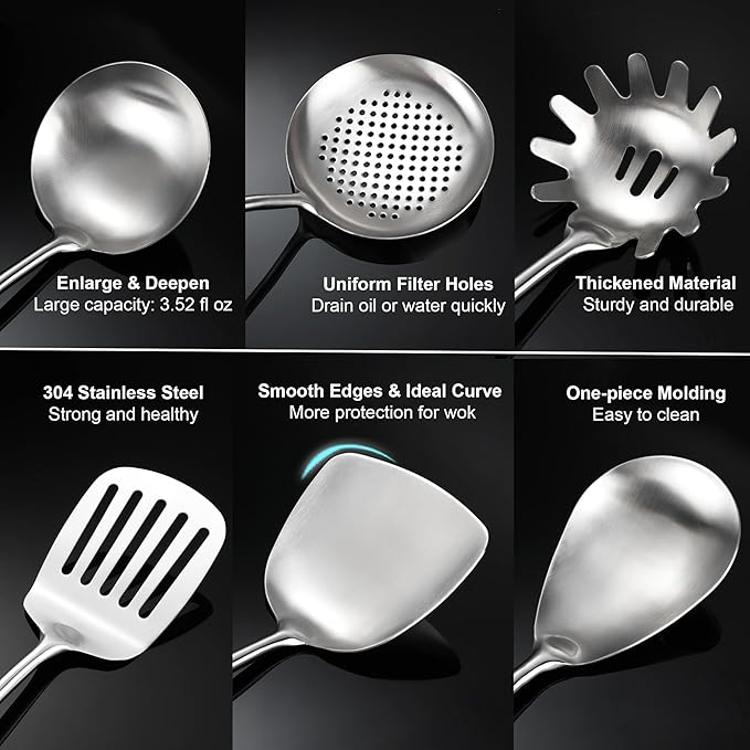 18/10 Stainless Steel Cooking Utensils with Wooden Handle, 6 PCS Stainless Steel Kitchen Utensils 12.5"-14", Wok Spatula, Ladle, Skimmer, Slotted Spatula Turner, Spaghetti Spoon, Large Spoon