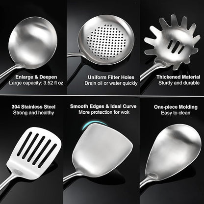 18/10 Stainless Steel Cooking Utensils with Wooden Handle, 6 PCS Stainless Steel Kitchen Utensils 12.5"-14", Wok Spatula, Ladle, Skimmer, Slotted Spatula Turner, Spaghetti Spoon, Large Spoon