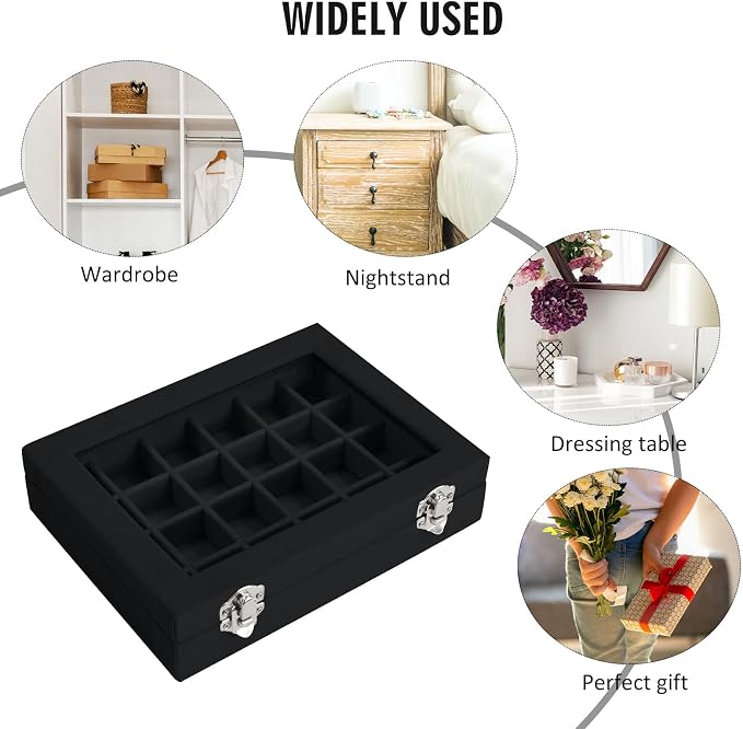 Vicoter Velvet Jewelry Box 24 Grid Jewelry Ring Display Organiser Box Tray Holder Earrings Storage Case for Girls Wife Mom Women (Black)