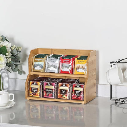 TIOPGHAD 2-Layer Stackable Bamboo Tea Bag Organizer Storage Holder & Rack - Wooden Tea Box Containers - Stand for Countertop or Cabinet