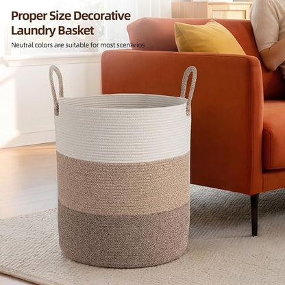 OIAHOMY Large Laundry Basket Hamper - 60L Cotton Rope Woven Basket for Blankets, Toys, Clothes - Tall Decorative Nursery Hamper with Long Handles, Gradient Brown