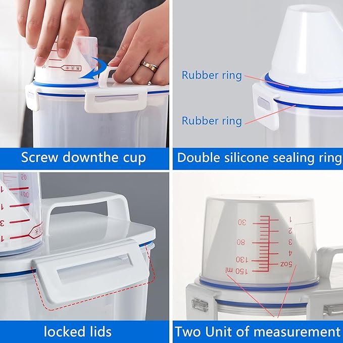 5.5 Lbs Rice Airtight Dry Food Storage Container Set of 4, Rice Storage Bin Cereal Containers Dispenser, Thicken Plastic Clear Food Storage Box with Pouring Spout, Measring Cup for Grain, Flour Snacks