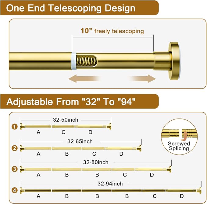Ausemku Shower Curtain Rod 32-80 Inch Adjustable - 1 Inch Diameter Heavy Duty No drill Spring Tension Shower Rod, Non-Slip Rustproof Telescopic Rod for Bathroom, Gold
