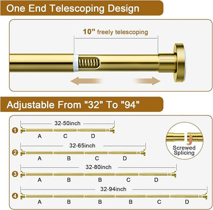 Ausemku Shower Curtain Rod 32-80 Inch Adjustable - 1 Inch Diameter Heavy Duty No drill Spring Tension Shower Rod, Non-Slip Rustproof Telescopic Rod for Bathroom, Gold
