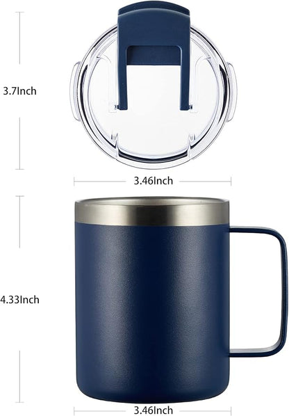 12oz Stainless Steel Insulated Coffee Mug with Handle, Double Wall Vacuum Tumbler Cup with Fliping Lid, Navy, 2 Pack