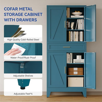 COFaR 71 in Tall Kitchen Pantry Cabinet, Metal Pantry Storage Cabinet with 4 Adjustable Shelves and 4 Barn Doors, Freestanding Farmhouse Food Cupboard for Dining Room, Peacock Blue 6-Tier