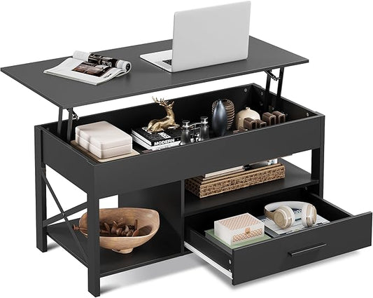WLIVE Coffee Table, 39" Lift Top Coffee Table with Hidden Compartment, Storage Drawers and Storage Shelf for Living Room, Reception Room, Black