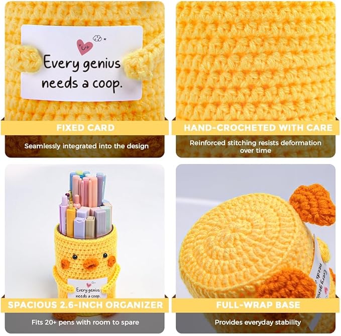 SKYDUE Crocheted Pen & Pencil Holder with Inspirational Card - Handmade Desk Organizer for Office, School, Home - Functional Desk Decor Pen Cup