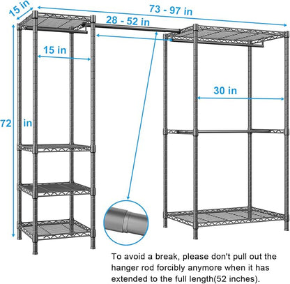 Ulif E10 Clothes Rack（With Stretchable Hanger Rod）Freestanding Clothing Racks for Hanging Clothes，Adjustable Closet Organizer System，Portable Garment Rack 73-97" W x 15" D x 72" H，Max Load 800LBS，Grey