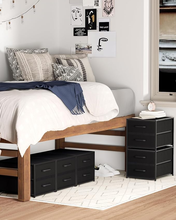 Homsorout Stackable Storage Drawers - 2 Tier Closet Organizer with Metal Handles, Fabric Dresser with Collapsible Bins for Bedroom, Dorm, Office, Black, 2 Pack