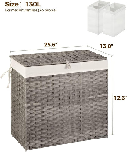 GREENSTELL Laundry Hamper with Wheels&Lid, 130L Large 3 Sections Clothes Hamper with 2 Types Removable Liner Bags, 5 Mesh Laundry Bags, Handwoven Divided Laundry Basket Gray