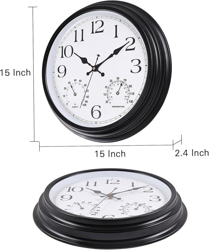 15 Inch Outdoor Clock, Black Metal-Frame Outdoor Clocks Waterproof, Silent Outdoor Wall Clock for Garden Patio Pool