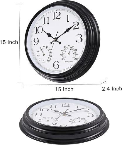15 Inch Outdoor Clock, Black Metal-Frame Outdoor Clocks Waterproof, Silent Outdoor Wall Clock for Garden Patio Pool