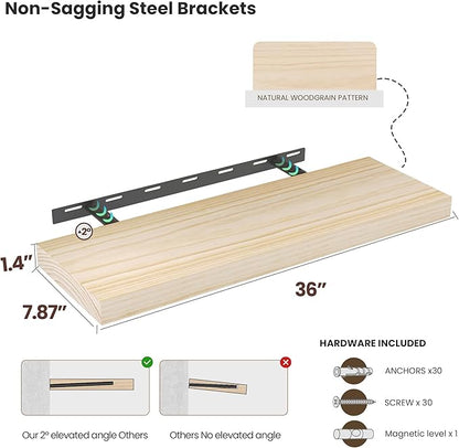 Vivelove Natural Wood Floating Shelves 36”，8 inch Deep Floating Shelf with Invisible Brackets, Unfinished Wall Shelves for Living Room, Bathroom, Kitchen, Bedroom, Home Decor, Set of 2 - Natural