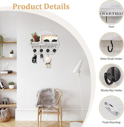 Key Holder for Wall, Key and Mail Holder Organizer - Key Holder Wall Mount with Bouquet Shelf and Key Hooks, Round Wooden Rustic Key Rack for Entryway and Home Decor (Pale White)