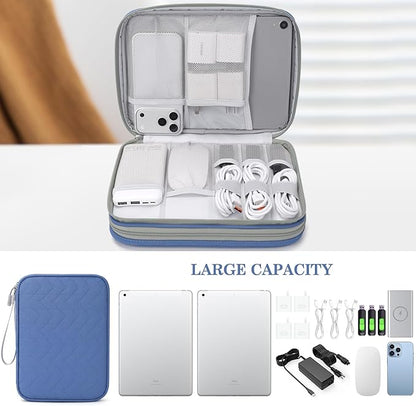FYY Electronic Organizer, Extra Large Travel Cable Organizer Bag Pouch Portable Waterproof Double Layers All-in-One Storage Bag for iPad, Cable, Power Bank, Laptop Charger for Office, Blue-Pattern