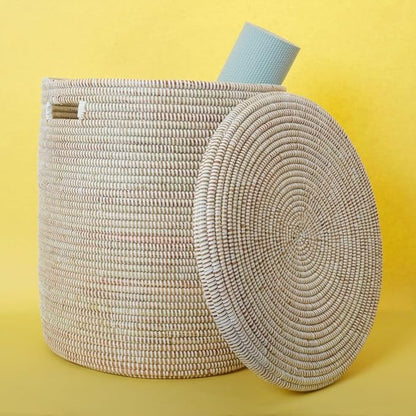 Extra Large White Storage Basket - Laundry Hamper, Baby Nursery Toys Bin, Living Room Blankets Storage, Towels Holder, Organizing, Decorative - Wicker, Woven, Lid, Handles