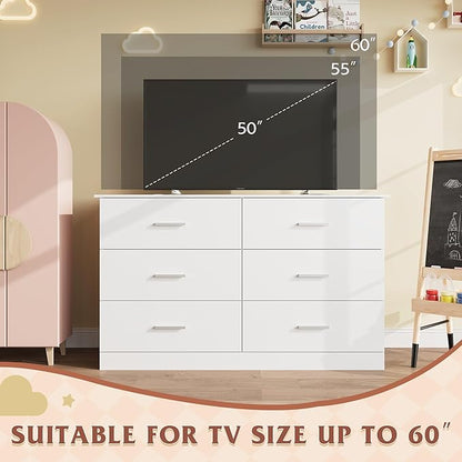 WLIVE White Dresser with 6 Drawers, Wide Wooden Chest of Drawers for Bedroom, Large White Storage Tower Unit, Modern Minimalist Closet Store Organizer for Living Room, Hallway