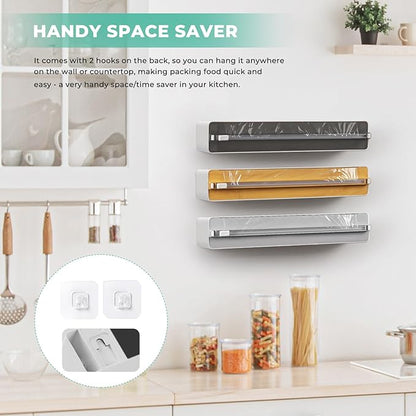 Magnetic Plastic Wrap Dispenser with Cutter - Practical Refillable Aluminum Tin Foil and Plastic Wrap Organizer for Drawer, Including an Extra Roll of 12"X 164' Food Cling Film - Black
