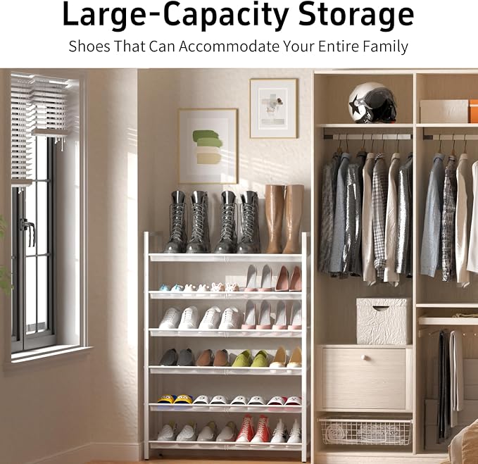 Metal Shoe Rack, 6-Tier Shoe Organizer for Entryway, Tall Shoes Stand with Angled Shelves, Holds 18-24 Pairs, Large Shoe Storage Shelf for Closet Garage Bedroom, White