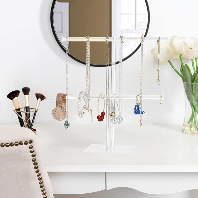 Jewelry Stand Necklace Holder, Acrylic Jewelry Display Holder, Necklace and Bracelet Hanging Organizer, Clear 2-Tier Tower Stand for Bangles, Necklaces, Bracelets, Rings, Earrings and Watch