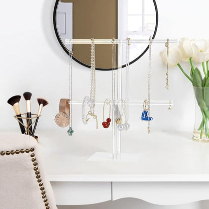 Jewelry Stand Necklace Holder, Acrylic Jewelry Display Holder, Necklace and Bracelet Hanging Organizer, Clear 2-Tier Tower Stand for Bangles, Necklaces, Bracelets, Rings, Earrings and Watch