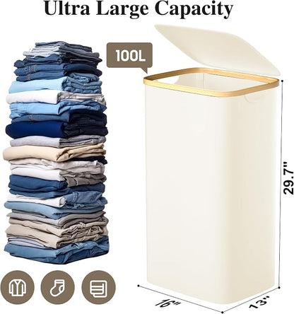 Foluck Large Laundry Hamper, 100L Waterproof Laundry Basket with Lid and Removable Bag, Collapsible Tall Clothes Hamper with Bamboo Handles for Clothes Toys in Dorm Bedroom Bathroom, Beige, ZYL101-W