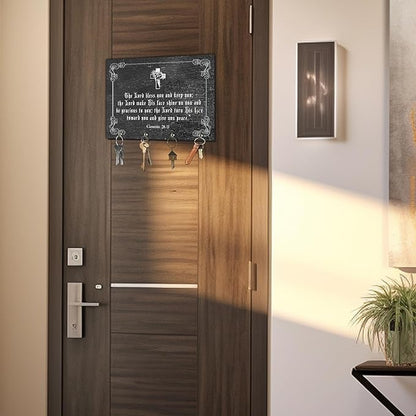 11" x 8" Black Vintage Wood Wall-Mounted Key Holder - Genesis - with 4 Metal Hooks for Easy Hanging, Suitable for farmhouses, Homes, bedrooms, Wall Decorations & Gifts (1 Pcs) - A14