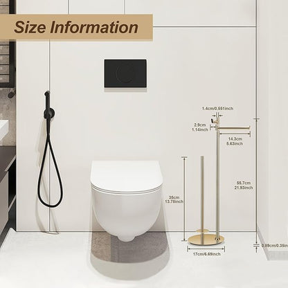 BVL Toilet Paper Holder Stand in Gold, SUS304 Stainless Steel, Weighted Base, Holds 5 Jumbo Rolls, Waterproof Pad, Compact Space-Saving Design with Built-in Hook for Modern Bathroom Storage