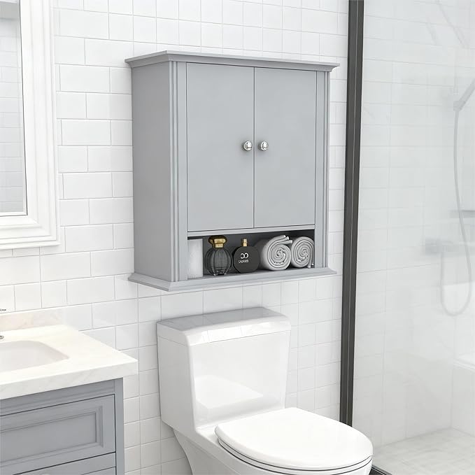 Wall Mounted Bathroom Cabinet Wooden Storage Cabinet with 2 Doors & Adjustable Shelf, Hanging Wall Cabinet Over Toilet, Upper Cabinet Storage Cupboard forBathroom, Kitchen,Laundry Room, Light Grey