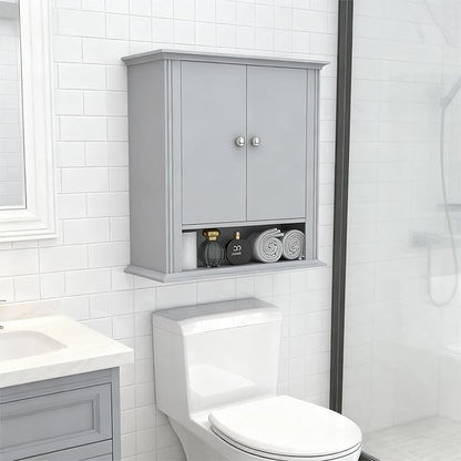 Wall Mounted Bathroom Cabinet Wooden Storage Cabinet with 2 Doors & Adjustable Shelf, Hanging Wall Cabinet Over Toilet, Upper Cabinet Storage Cupboard forBathroom, Kitchen,Laundry Room, Light Grey