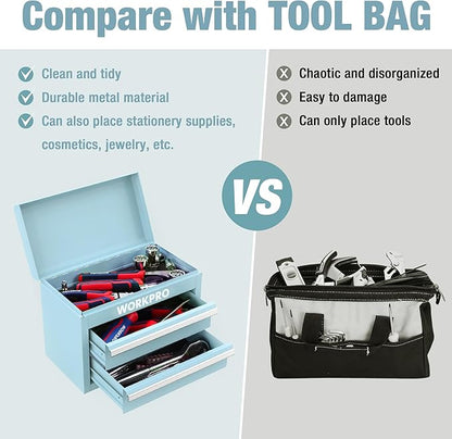 WORKPRO Mini Metal Tool Box with 2 Drawers and Top Storage, Small Tool Chest with PVC Liners and PP Feet Pads, Cold Rolled Steel Toolbox with Magnetic Tab