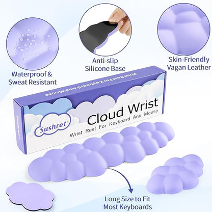 Sushret Cloud Wrist Rest Keyboard, Cloud Keyboard Wrist Pad Set with PU Leather Memory Foam, Cute Arm Rest for Palm Support, PC/Gaming Desk Accessories/Office Setup/Computer Hand Cushion - Purple