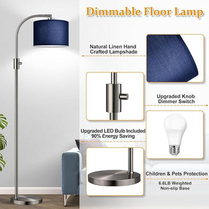 Nintiue Upgraded Modern Arc Dimmable Tall Standing Floor Lamp with Blue Shade, 1200 Lumens LED Bulb Included, for Living & Reading Room, Bedroom, Office & Nursery, Brushed Nickel