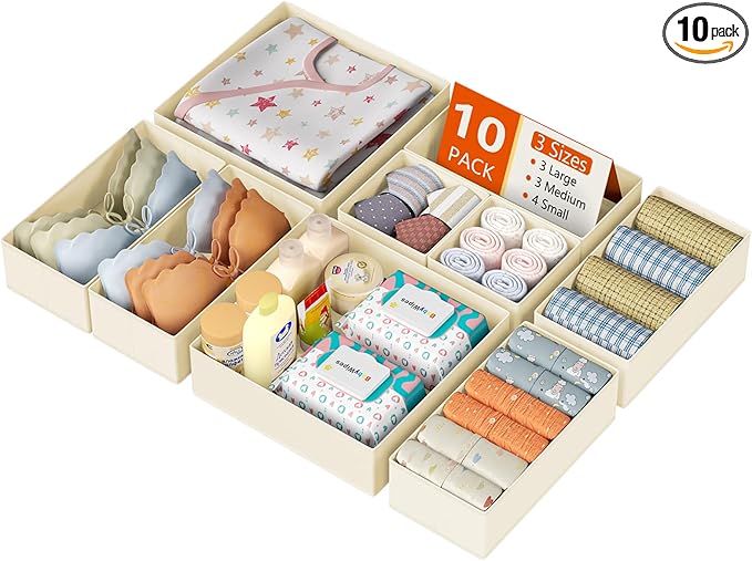 DIMJ Drawer Organizer Clothes 10 Pack - Foldable Baby Organizers and Storage & Dresser Organizer for Bedroom, Closet - Nursery Organization Dresser Dividers for underwear, Sock,Bra, Belt, Tie, Beige