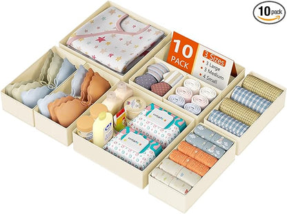 DIMJ Drawer Organizer Clothes 10 Pack - Foldable Baby Organizers and Storage & Dresser Organizer for Bedroom, Closet - Nursery Organization Dresser Dividers for underwear, Sock,Bra, Belt, Tie, Beige
