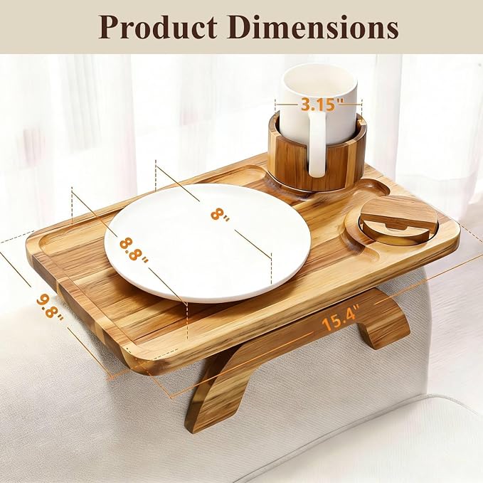 Couch Armrest Table, Acacia Wood Sofa Arm Tray with 360° Rotating Phone & Cup Holder, Clip-On Arm Rest Table for Couch, Anti-Slip Tray for Snacks & Drinks, for Men Dad, 15.4" x 9.8"