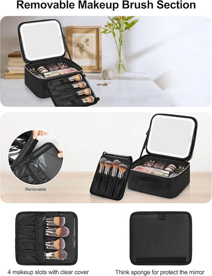 Chomeiu Makeup Bag with LED Mirror, Travel Makeup Case for Women and Makeup Artists Cosmetic Organizer Large Make Up Bags with Light Up Mirror, 3 Color Lights, Adjustable Dividers and Brush Holder