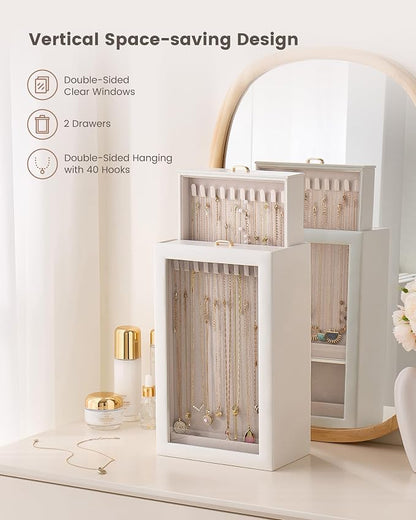 Lolalet Upgraded Double-Sided Hanging Necklace Organizer Box, Jewelry Display Case with Double-Sided Clear Window for Necklaces Bracelets, Tangle-Free Necklace Storage Box, White, 2-Layer 40 Hooks
