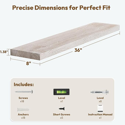 Vivelove Solid Wood Floating Shelves Set of 2, Elm Wood Wall Shelf with Invisible Bracket for Living Room Bedroom Bathroom Office, Rustic Farmhouse Decor Storage & Display, 36 inch - Weathered White