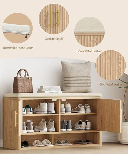 Fluted Shoe Storage Bench with Cushion, 3-Tier Entryway Bench with Adjustable Shelves and Open Bottom Shelf, Hidden Shoe Organizer Cabinet, for Hallway, Living Room, Bedroom, Natural Oak
