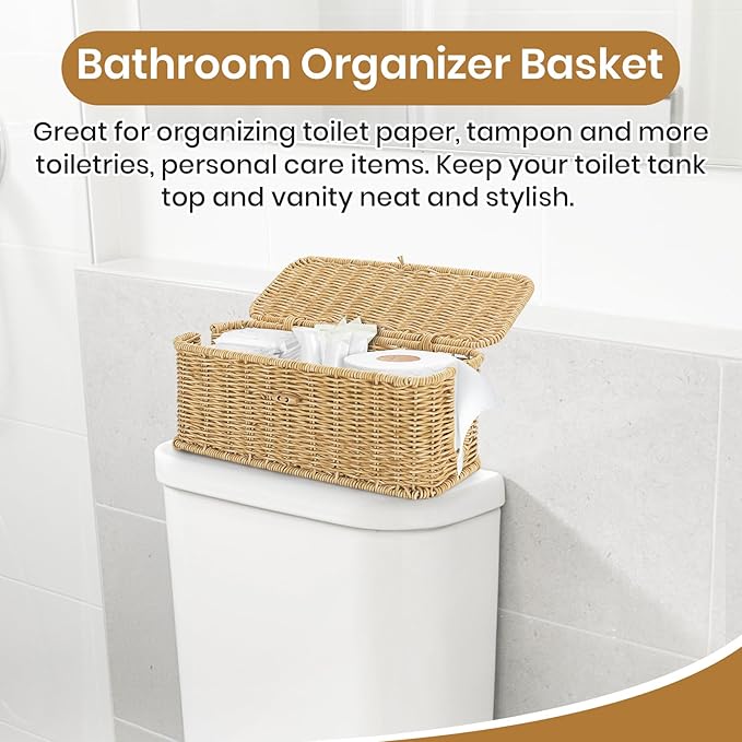Wicker Storage Basket With Lid, Toilet Paper Basket For Toilet Tank, Pads And Tampon Holder For Bathroom, Rectangular Woven Kitchen Organizer, Home Decorative Storage Box