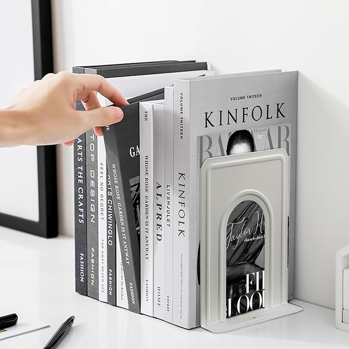 HappyHapi Book Ends, Non-Skid Metal Bookend Supports for Shelves, Heavy Duty Book End, Office Book Stopper, 6 x 5 x 6 Inches, 14 Pieces / 7 Pairs (White)