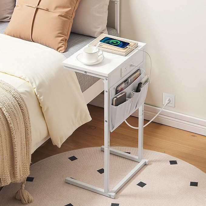 HOOBRO C Shaped End Table with Charging Station, 28" H Couch Side Table Slide Under, Sofa Arm Tray Table with Storage Bag for Living Room, Recliner, White WW70USF01