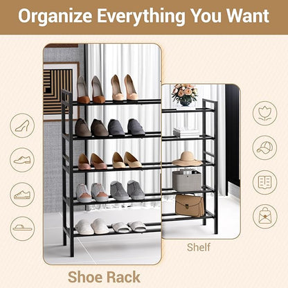 Haddockway Bamboo Shoe Rack for Closet, Free Standing Shoe Organizer with Smooth Round Rods & Convenient Handles, Stackable Shoe Storage Shelf for Entryway, Hallway(Black, 5-Tier)