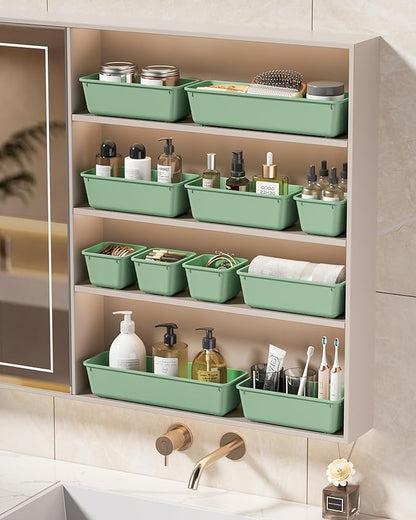 KEMETHY 25 PCS Plastic Drawer Organizers Set, 4 Sizes Vanity Organizer, Makeup and Desk Drawer Organizer Trays, Organization and Storage for Makeup, Bathroom, Kitchen Utensils and Office (Green)