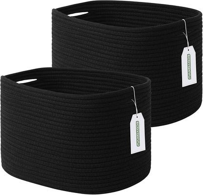 Cotton Rope Storage Basket, 15x10x9 Inches, Woven Basket for Shelves, Clothes, Towels, Books, and Laundry, Black (2 Pack)
