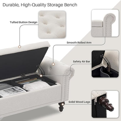 Storage Bench for Bedroom, 67" End of Bed Storage Bench King Size, Upholstered Linen Storage Ottoman with Tufted Cushioned Rolled Arm Large Storage Space for Living Room Entryway, Beige