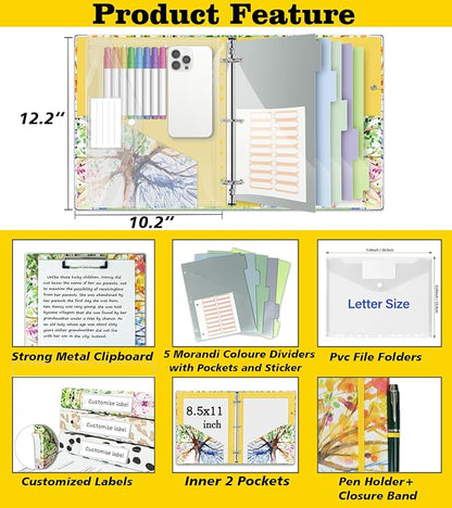 1 Inch 3 Ring Binder Organizer, Three Ring Binder with Clipboard, 5-Tabs Pockets Dividers, Transparent Folder,18 Divider Stikers, BVSSX Decorative Binders for Letter Size 8.5"x11" Paper (Seasons Tree)